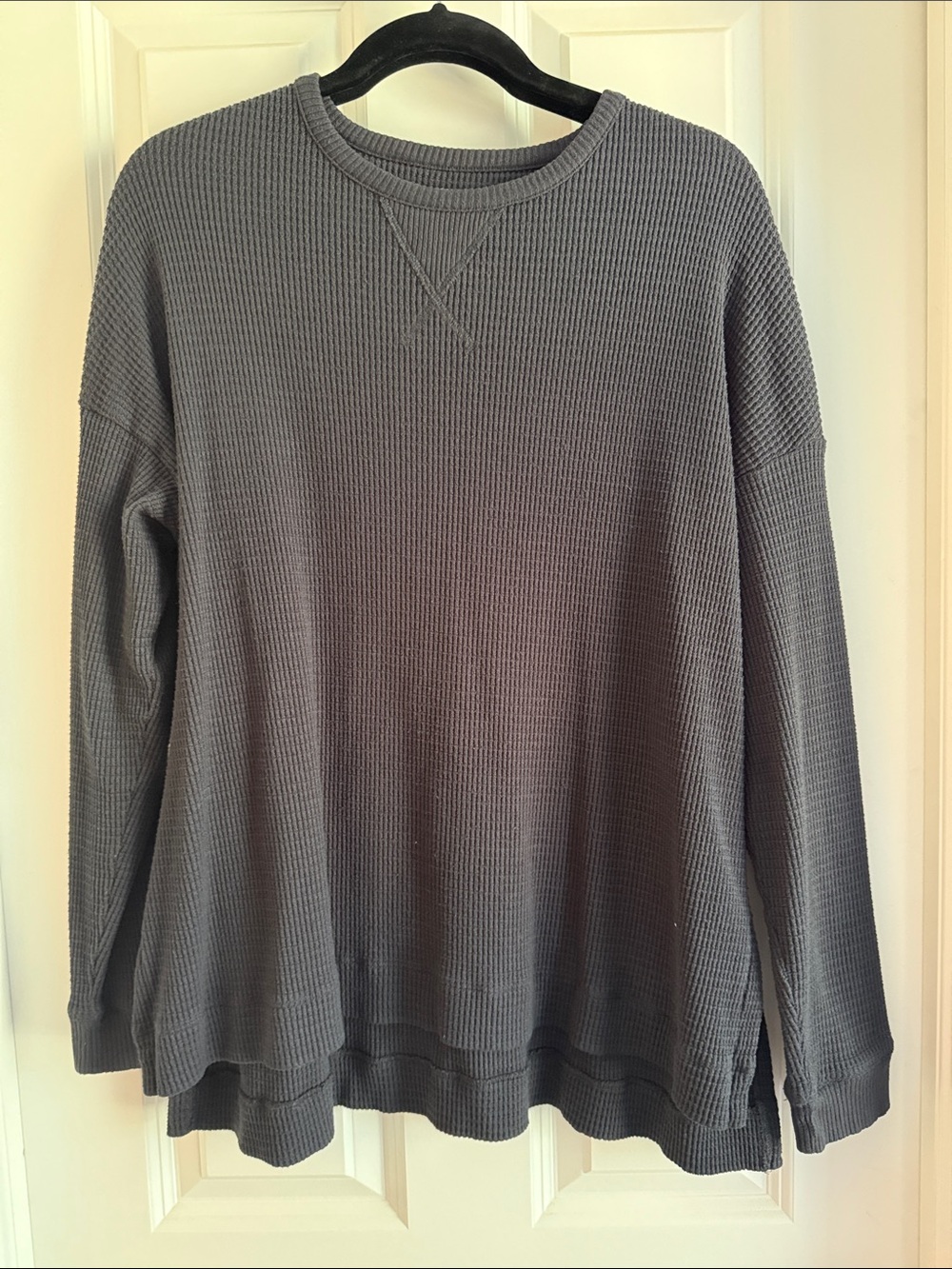 American Eagle Outfitters Women's Charcoal Waffle Crewneck Sweater